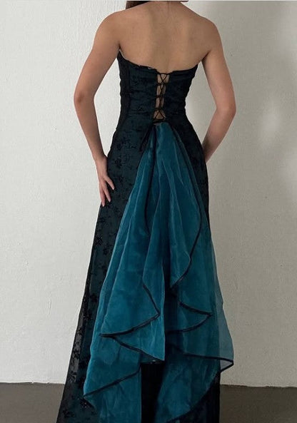 Vintage Strapless Blue Satin Sleeveless Black Tulle Beaded Ball Dress Birthday Evening Dress ED01828