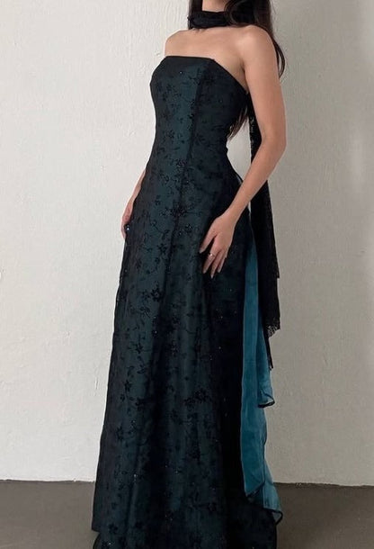 Vintage Strapless Blue Satin Sleeveless Black Tulle Beaded Ball Dress Birthday Evening Dress ED01828