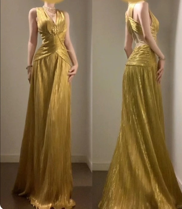 Temperament Golden V-neck Long Prom Dress Birthday Party Dress ED01830
