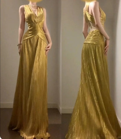 Temperament Golden V-neck Long Prom Dress Birthday Party Dress ED01830