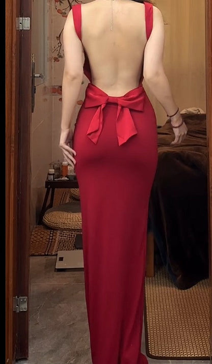 Red Spaghetti Strap Satin Backless Long Bodycon Dress Ball Evening Dress ED01832