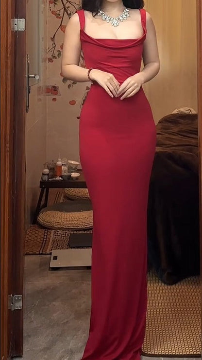 Red Spaghetti Strap Satin Backless Long Bodycon Dress Ball Evening Dress ED01832