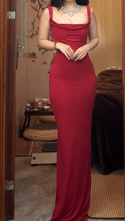 Red Spaghetti Strap Satin Backless Long Bodycon Dress Ball Evening Dress ED01832