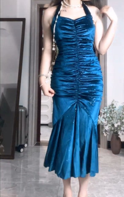 Elegant Blue Pleated Mermaid Satin Open Back Prom Dress Birthday Dress ED01833