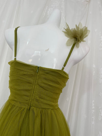 A-Line Olive Green Spaghetti Strap Tulle Long Prom Dress Sweet Birthday Evening Dress ED01834