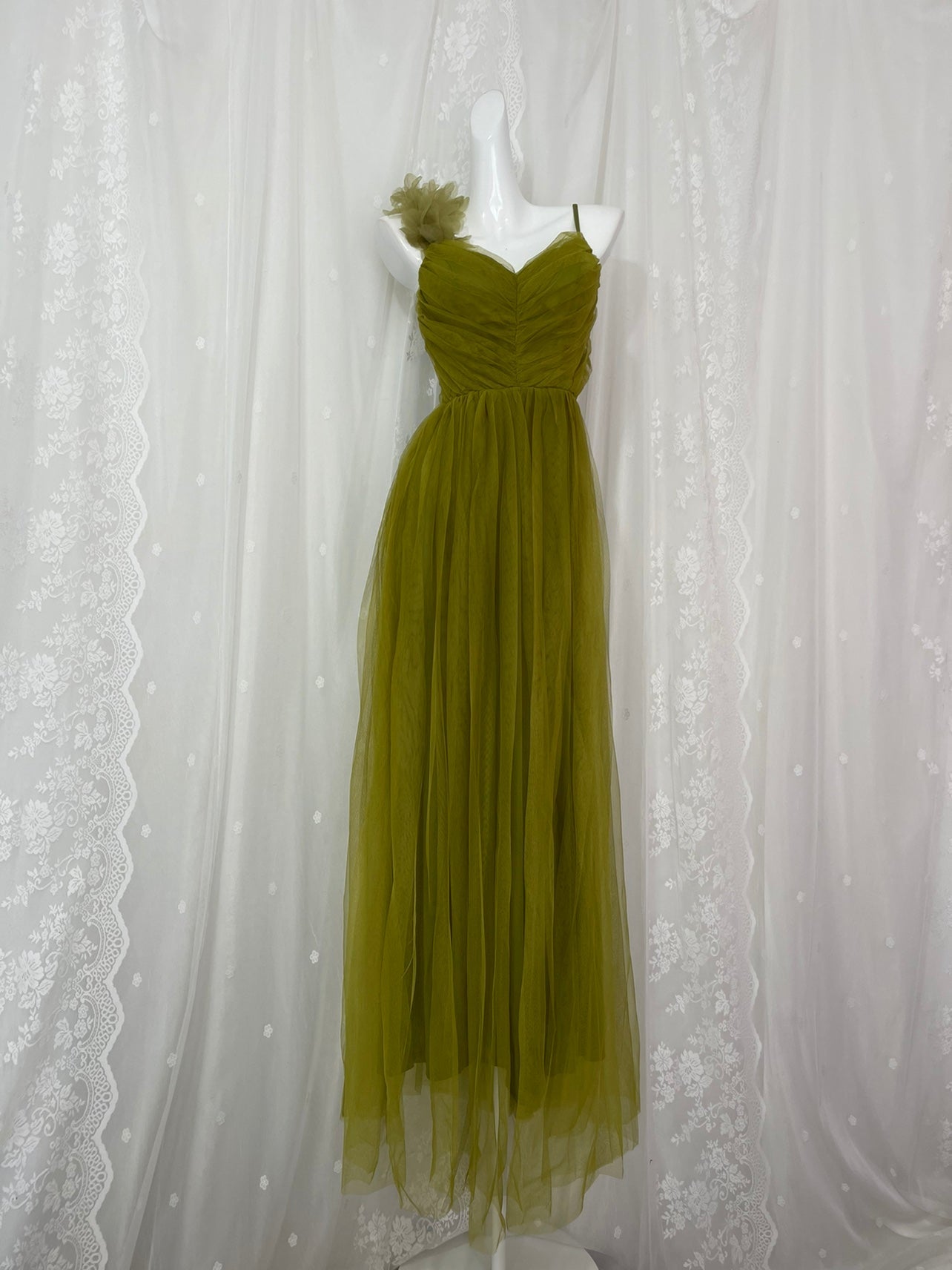 A-Line Olive Green Spaghetti Strap Tulle Long Prom Dress Sweet Birthday Evening Dress ED01834