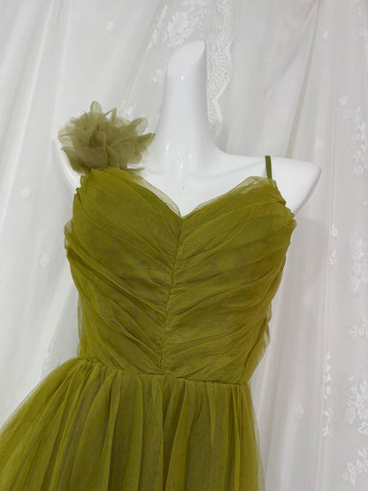 A-Line Olive Green Spaghetti Strap Tulle Long Prom Dress Sweet Birthday Evening Dress ED01834