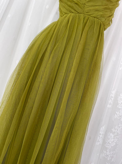 A-Line Olive Green Spaghetti Strap Tulle Long Prom Dress Sweet Birthday Evening Dress ED01834