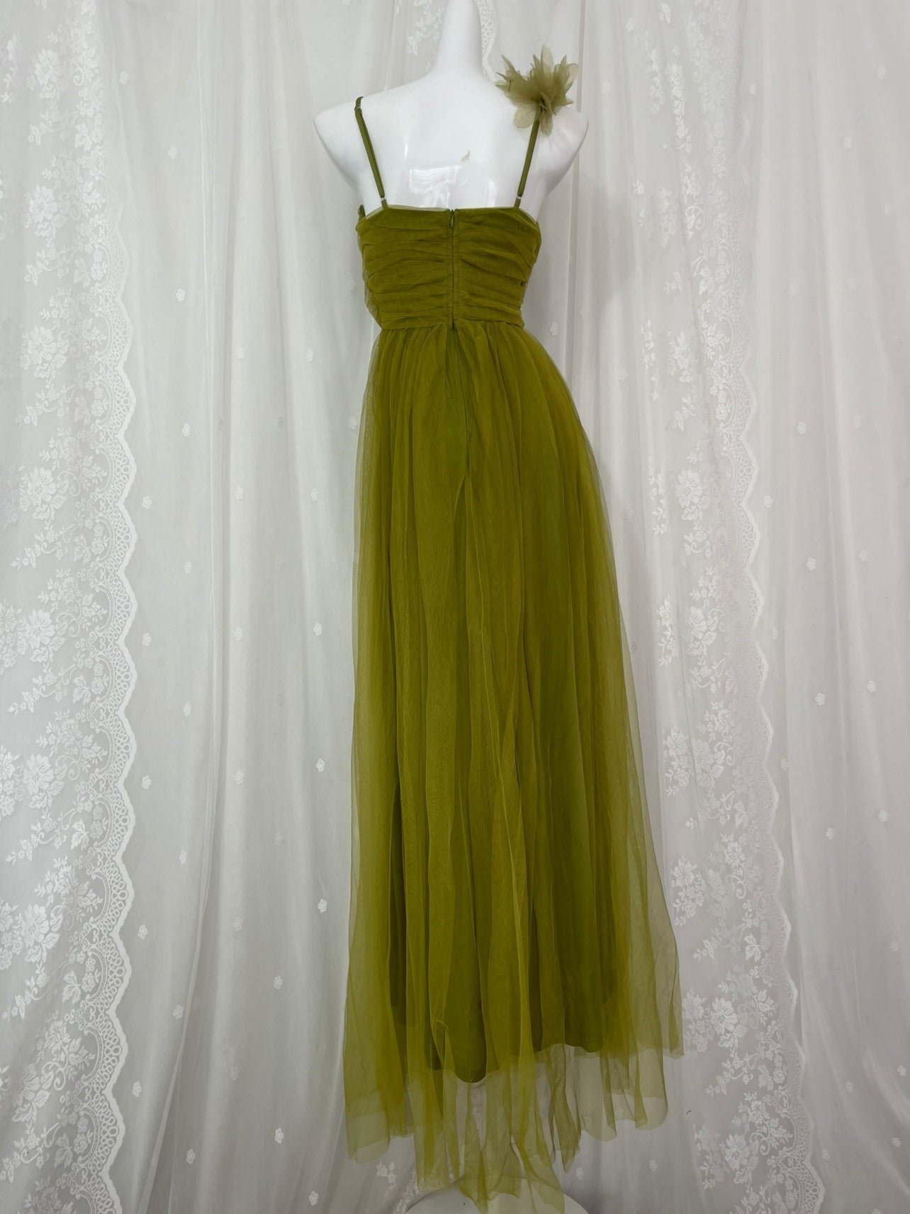 A-Line Olive Green Spaghetti Strap Tulle Long Prom Dress Sweet Birthday Evening Dress ED01834