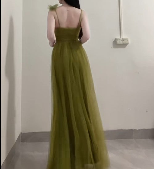 A-Line Olive Green Spaghetti Strap Tulle Long Prom Dress Sweet Birthday Evening Dress ED01834