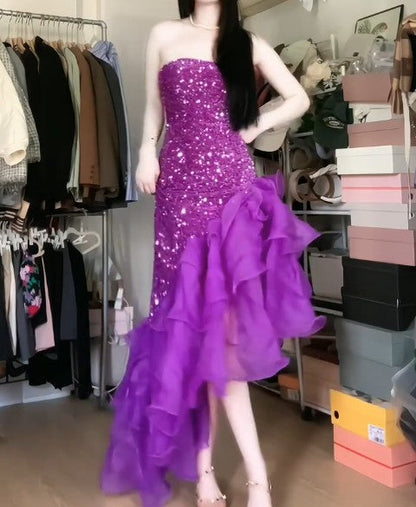 Purple  Mermaid Sequined Strapless Tulle Evening DressED01835