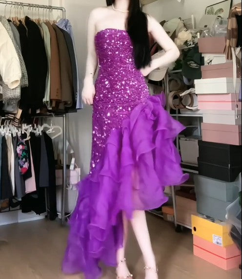 Purple  Mermaid Sequined Strapless Tulle Evening DressED01835