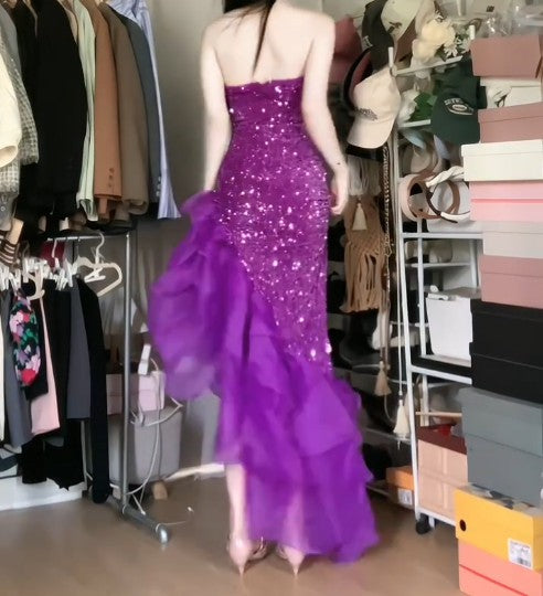 Purple  Mermaid Sequined Strapless Tulle Evening DressED01835