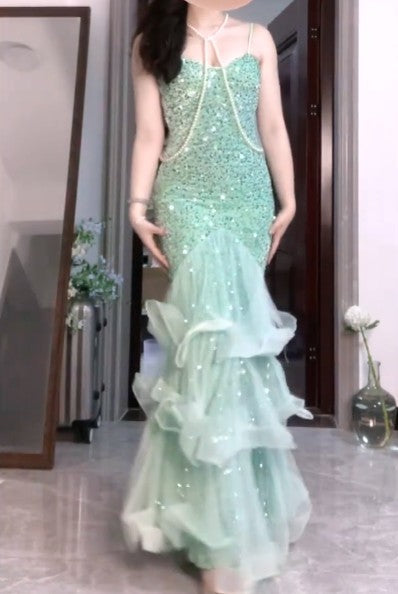 Gentle Mint Green Mermaid Spaghetti Strap Sequined Tulle Ball Dress Backless Evening Gown ED01836