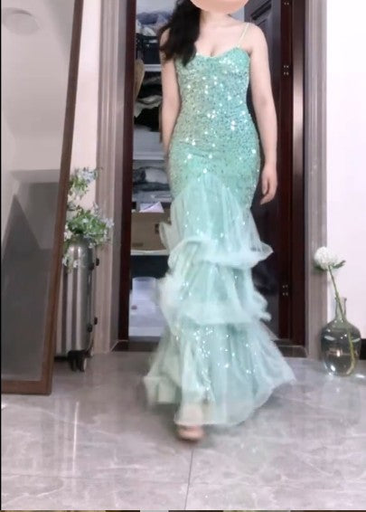 Gentle Mint Green Mermaid Spaghetti Strap Sequined Tulle Ball Dress Backless Evening Gown ED01836