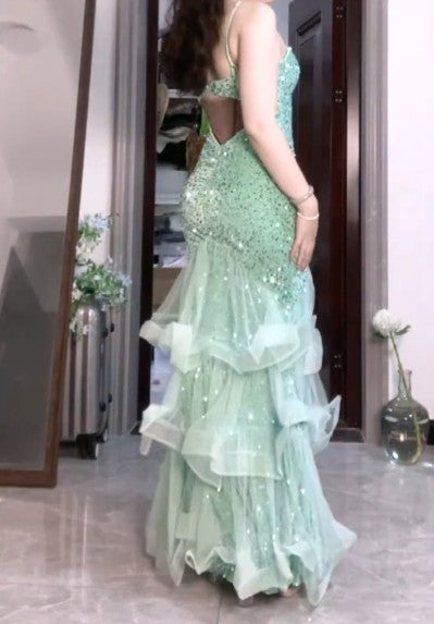 Gentle Mint Green Mermaid Spaghetti Strap Sequined Tulle Ball Dress Backless Evening Gown ED01836