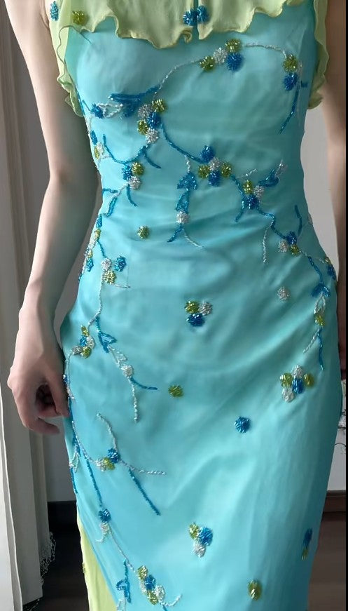Vintage Spaghetti Strap Chiffon Sheath Ruffle Beaded Blue and Green Spliced Ball Dress Party Birthday Dress ED01838