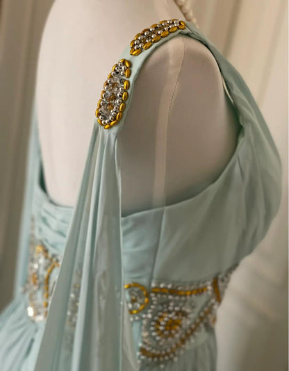 Vintage Tiffany Blue V-neck A-Line Beaded Chiffon Long Prom Dress Evening Dress Wedding Dress ED01839