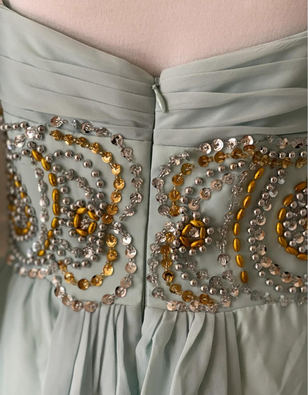 Vintage Tiffany Blue V-neck A-Line Beaded Chiffon Long Prom Dress Evening Dress Wedding Dress ED01839