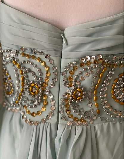 Vintage Tiffany Blue V-neck A-Line Beaded Chiffon Long Prom Dress Evening Dress Wedding Dress ED01839