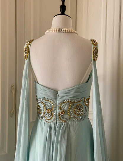 Vintage Tiffany Blue V-neck A-Line Beaded Chiffon Long Prom Dress Evening Dress Wedding Dress ED01839