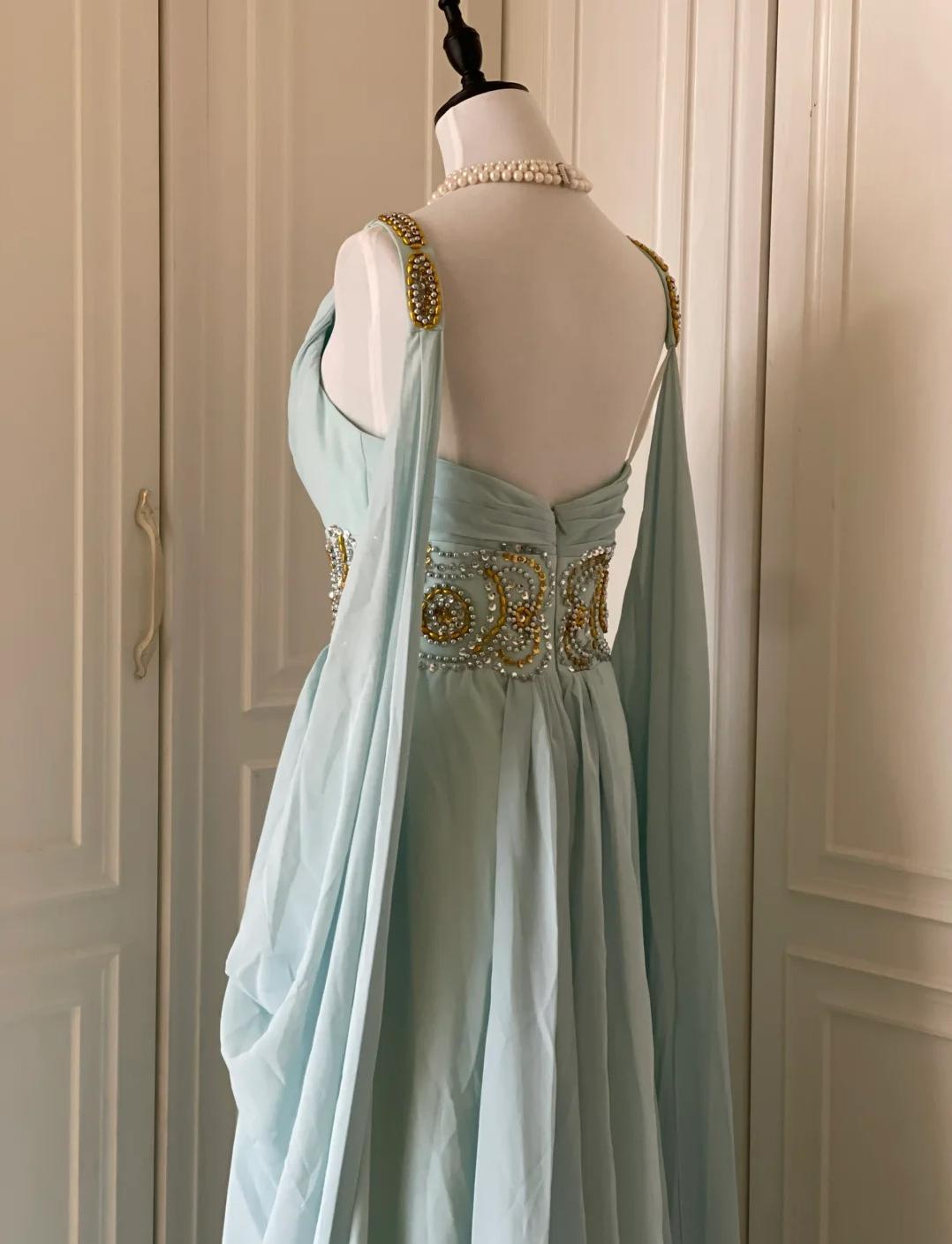 Vintage Tiffany Blue V-neck A-Line Beaded Chiffon Long Prom Dress Evening Dress Wedding Dress ED01839