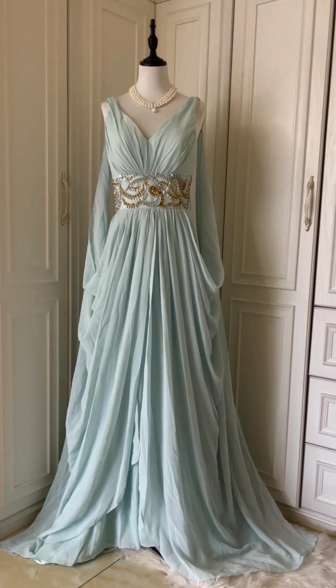 Vintage Tiffany Blue V-neck A-Line Beaded Chiffon Long Prom Dress Evening Dress Wedding Dress ED01839