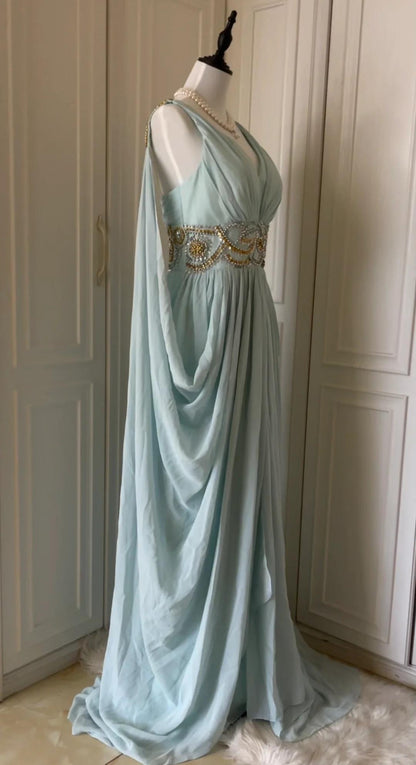Vintage Tiffany Blue V-neck A-Line Beaded Chiffon Long Prom Dress Evening Dress Wedding Dress ED01839