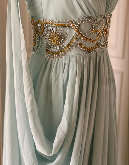 Vintage Tiffany Blue V-neck A-Line Beaded Chiffon Long Prom Dress Evening Dress Wedding Dress ED01839