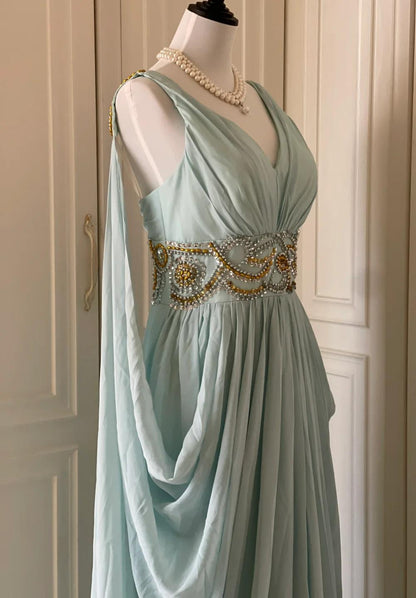 Vintage Tiffany Blue V-neck A-Line Beaded Chiffon Long Prom Dress Evening Dress Wedding Dress ED01839