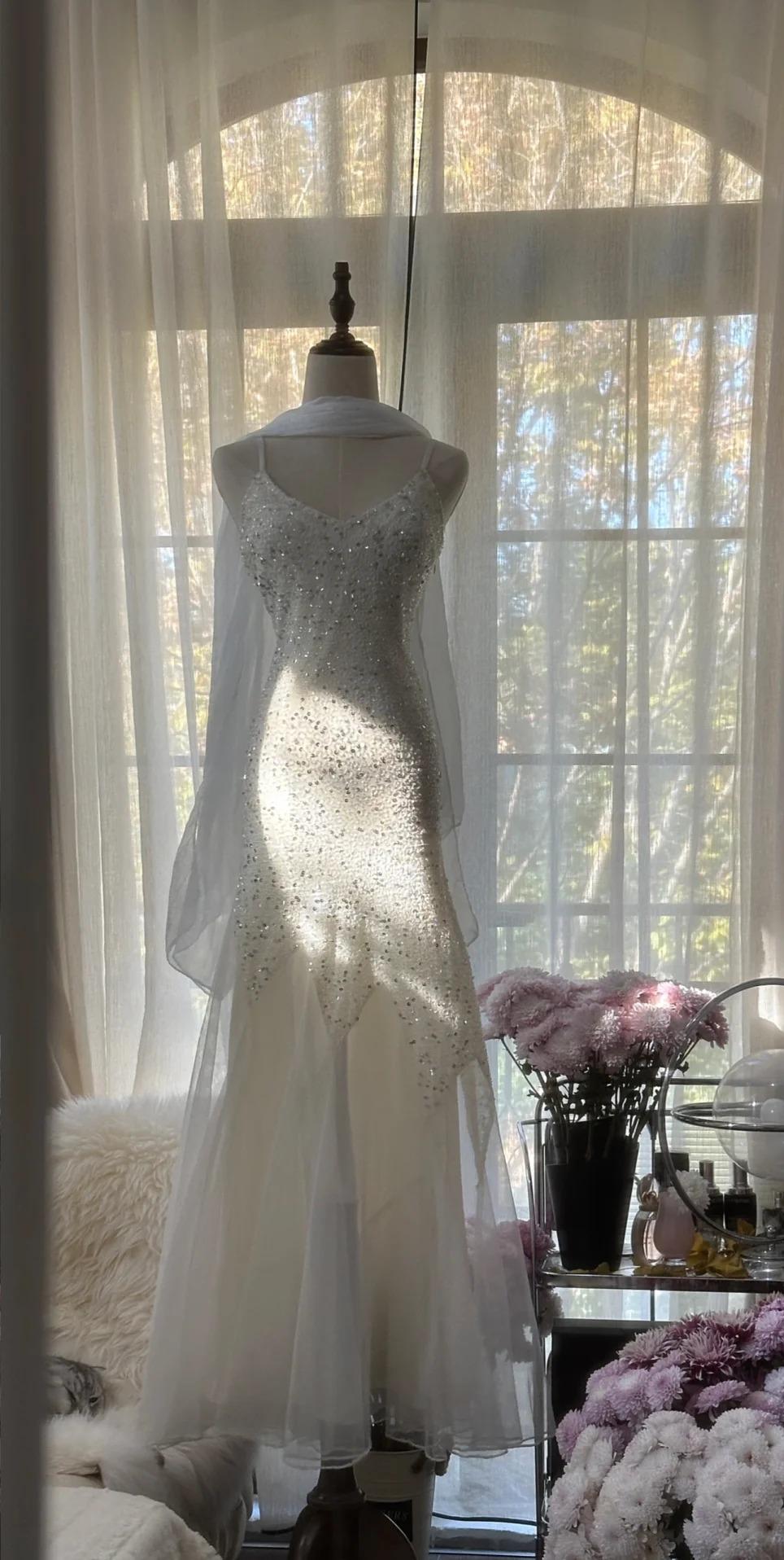 Fairy White Spaghetti Strap Mermaid Tulle Sequined Ball Dress Birthday Dress ED01840