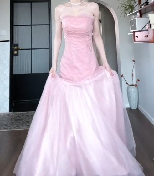 Beautiful Pink Strapless A-Line Tulle Sequined Long Ball Dress Birthday Evening Dress ED01841