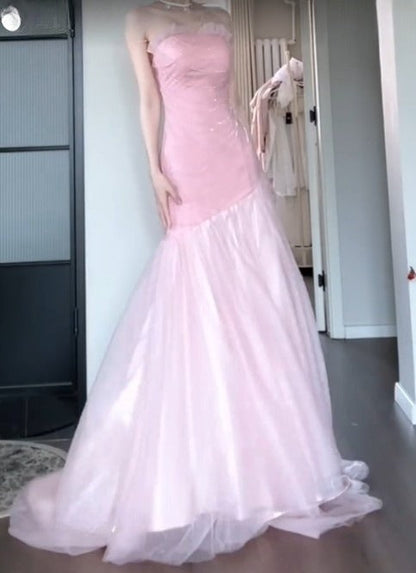 Beautiful Pink Strapless A-Line Tulle Sequined Long Ball Dress Birthday Evening Dress ED01841