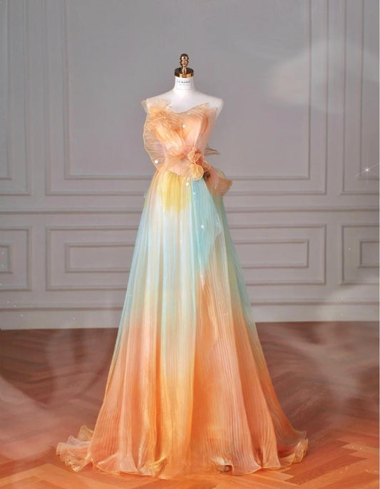 Beautiful Multicolor Strapless A-Line Tulle Long Prom Dress Wedding Dress Birthday Dress ED01842