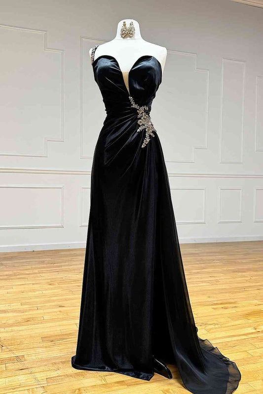 Black Rhinestone One Shoulder A Line Prom Dress with Slit ED01844