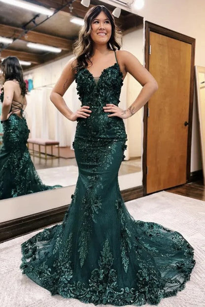 Dark Green Mermaid Spaghetti Straps Tulle Sequins Long Prom Dress With Appliques Evening Gown ED01847