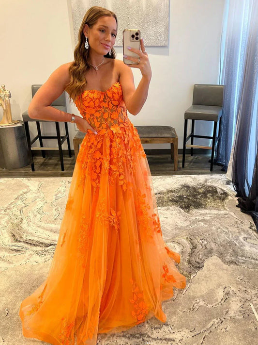 Orange A line Strapless Tulle Lace Long Prom Dres Applique Formal Dress ED01850