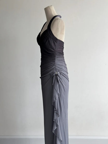 Sparkling Gradient Dark Gray Halter Neck Ruffle Sheath Prom Dress Birthday Dress ED01851