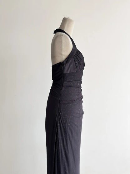 Sparkling Gradient Dark Gray Halter Neck Ruffle Sheath Prom Dress Birthday Dress ED01851