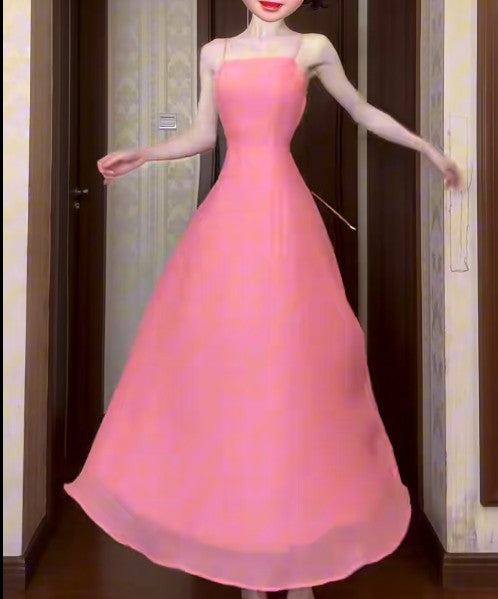 Cute Pink A-Line Chiffon Spaghetti Strap Backless Long Prom Dress Party Dress ED01852