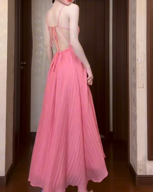 Cute Pink A-Line Chiffon Spaghetti Strap Backless Long Prom Dress Party Dress ED01852