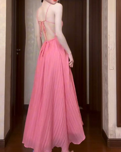 Cute Pink A-Line Chiffon Spaghetti Strap Backless Long Prom Dress Party Dress ED01852