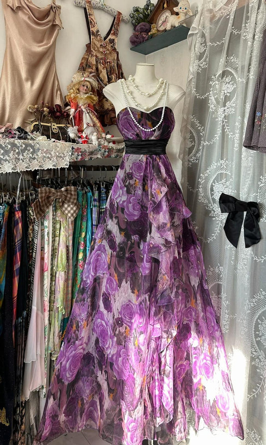 Purple Printed A-Line Temperament Sweetheart Neck Backless Party Dress Strapless Birthday DressED01855