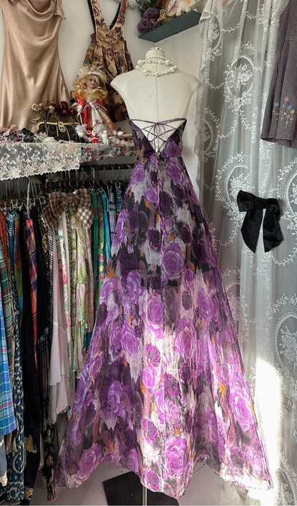 Purple Printed A-Line Temperament Sweetheart Neck Backless Party Dress Strapless Birthday DressED01855