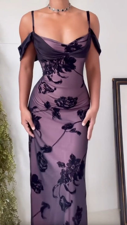 Unique Purple Satin Bodycon Dress Black Tulle Spaghetti Strap Ball Dress Birthday Dress ED01856