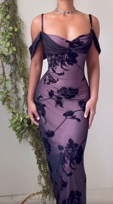 Unique Purple Satin Bodycon Dress Black Tulle Spaghetti Strap Ball Dress Birthday Dress ED01856