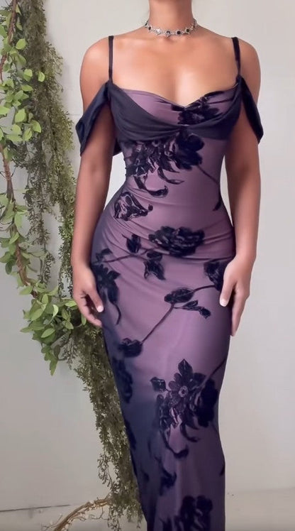 Unique Purple Satin Bodycon Dress Black Tulle Spaghetti Strap Ball Dress Birthday Dress ED01856