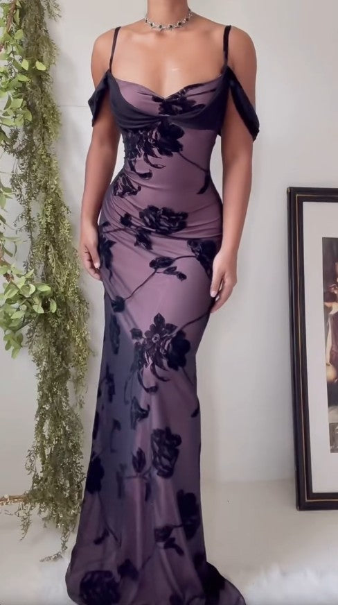 Unique Purple Satin Bodycon Dress Black Tulle Spaghetti Strap Ball Dress Birthday Dress ED01856