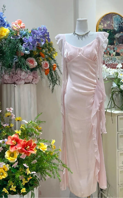 Gentle Pink Ruffled Bodycon Dress Chiffon V-Neck Ball Dress Birthday Dress ED01859