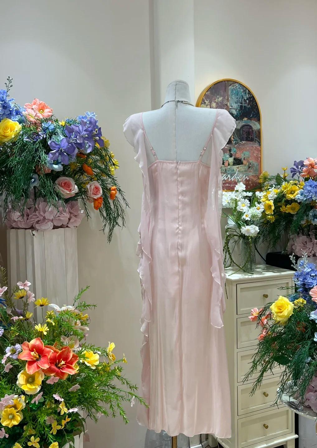 Gentle Pink Ruffled Bodycon Dress Chiffon V-Neck Ball Dress Birthday Dress ED01859